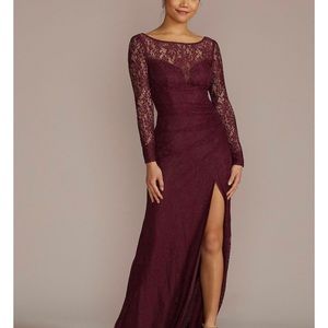 Davids Bridal long-sleeve lace bridesmaid dress with slit~size 6~wine